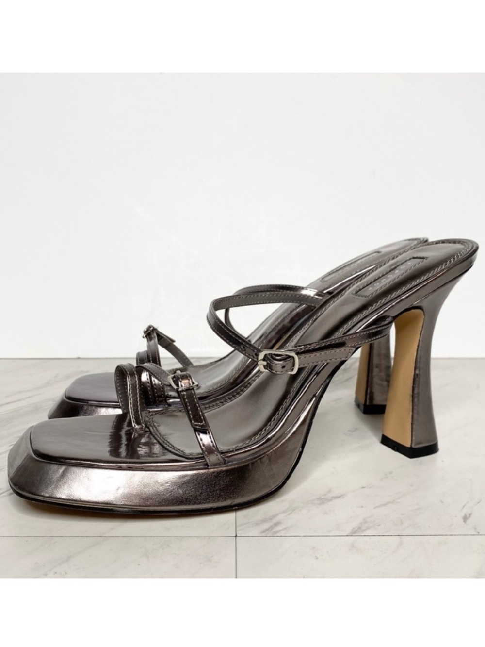 Topshop Reem Barely There Metallic Pewter Faux Leather Platform Heeled Sandal 11